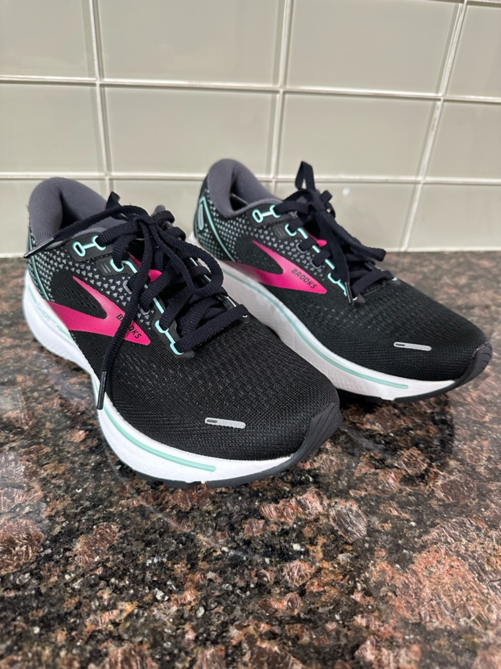 Brooks Women’s Black Running Shoes with Pink and Mint Accents GHOST